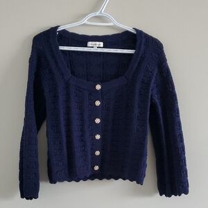 Heartloom Navy Cropped Bow Knit Cardigan Gold Accents 3/4 Sleeves Sz M Coquette